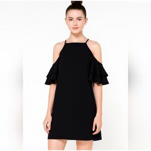 Silence+Noise Women's Dress Black Sz M Cold Shoulder Ruffle Crepe Mini High Neck